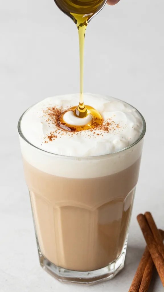 MCT oil drizzle atop creamy cinnamon vanilla latte smoothie