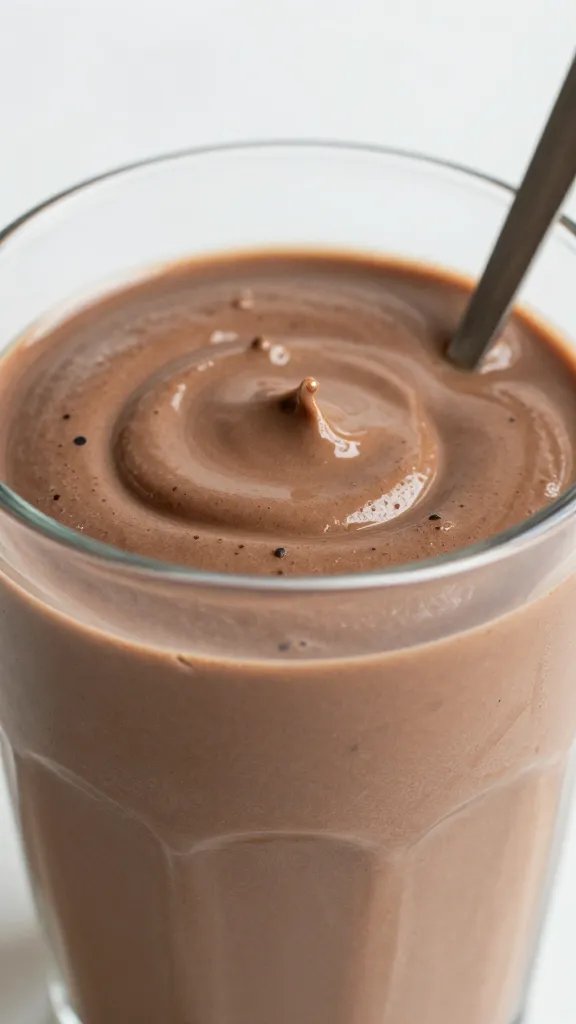 closeup keto mocha fudge smoothie in clear glass, spoonable texture