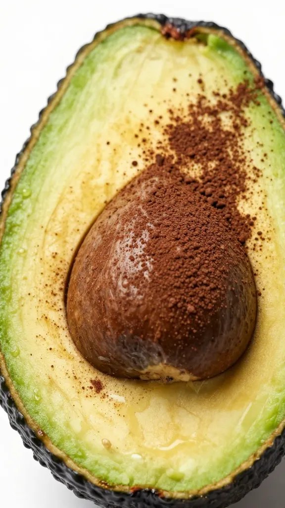 avocado half with cocoa dusting, macro food photography