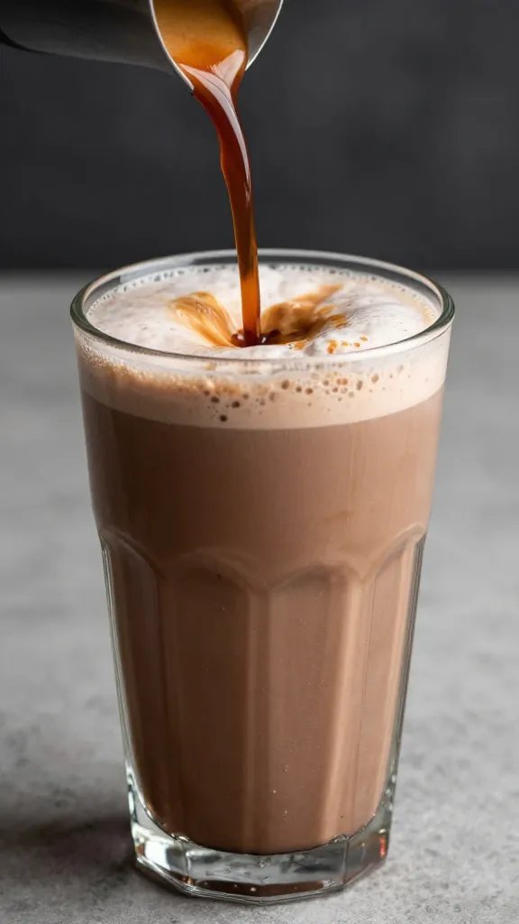 shot of thick espresso stream into chocolatey keto smoothie glass