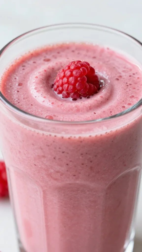 closeup raspberry keto smoothie in clear glass, silky texture