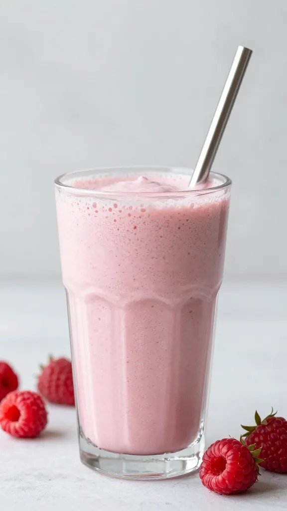 stainless straw in raspberry cream keto shake, frosty glass