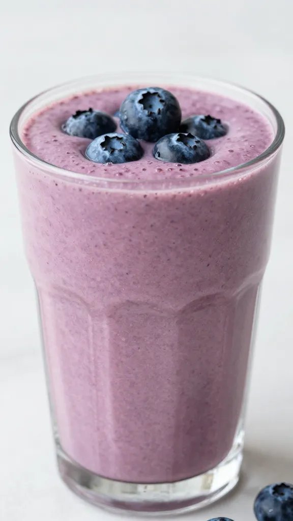 closeup blueberry coconut swirl keto smoothie in clear glass