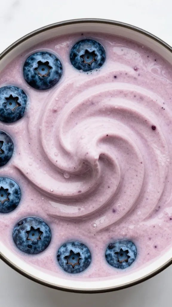 top-down shot of blueberry coconut keto smoothie swirl