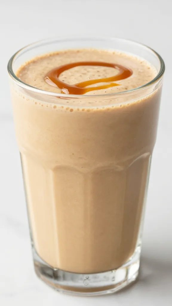 closeup vanilla caramel keto smoothie in a clear glass
