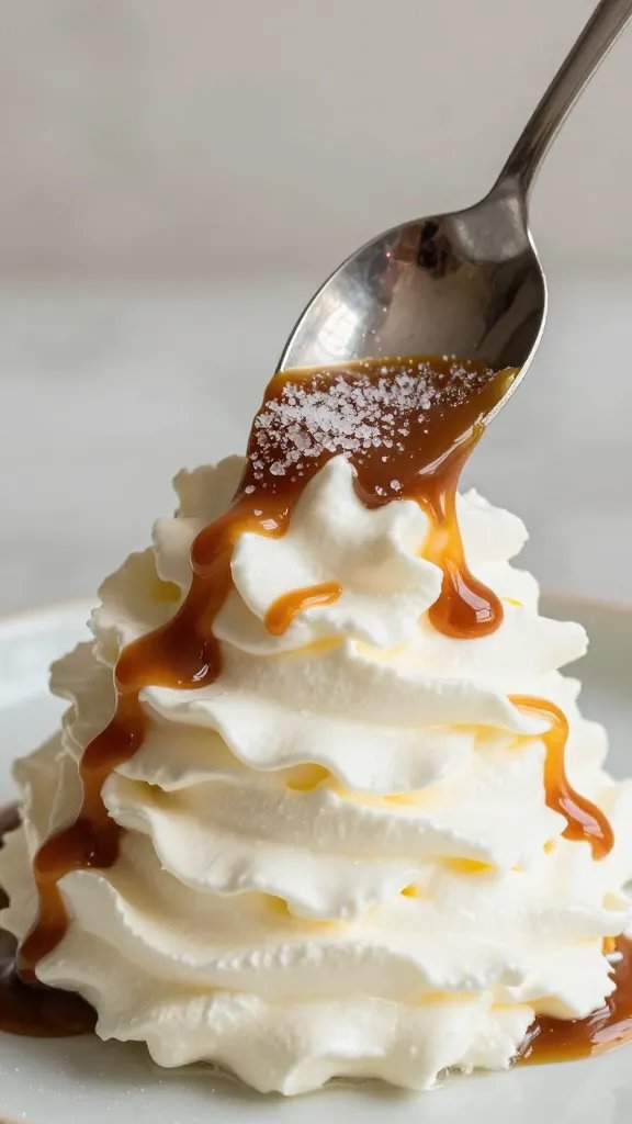 spoon drizzle of sugar-free caramel over whipped cream