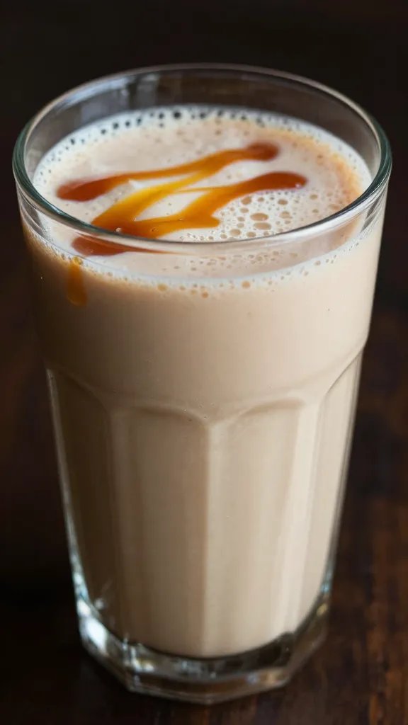 closeup keto coconut caramel smoothie in clear glass, moody lighting