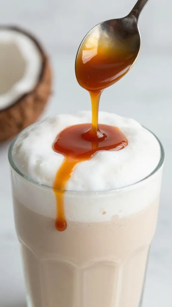 spoon drizzling keto caramel sauce over coconut smoothie foam