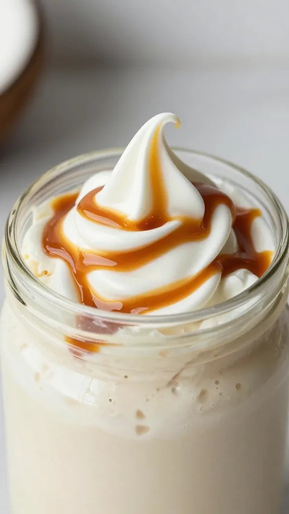 closeup blender jar with thick coconut caramel keto smoothie swirl