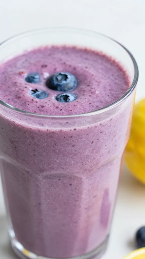closeup blueberry lemon keto smoothie in clear glass, soft light