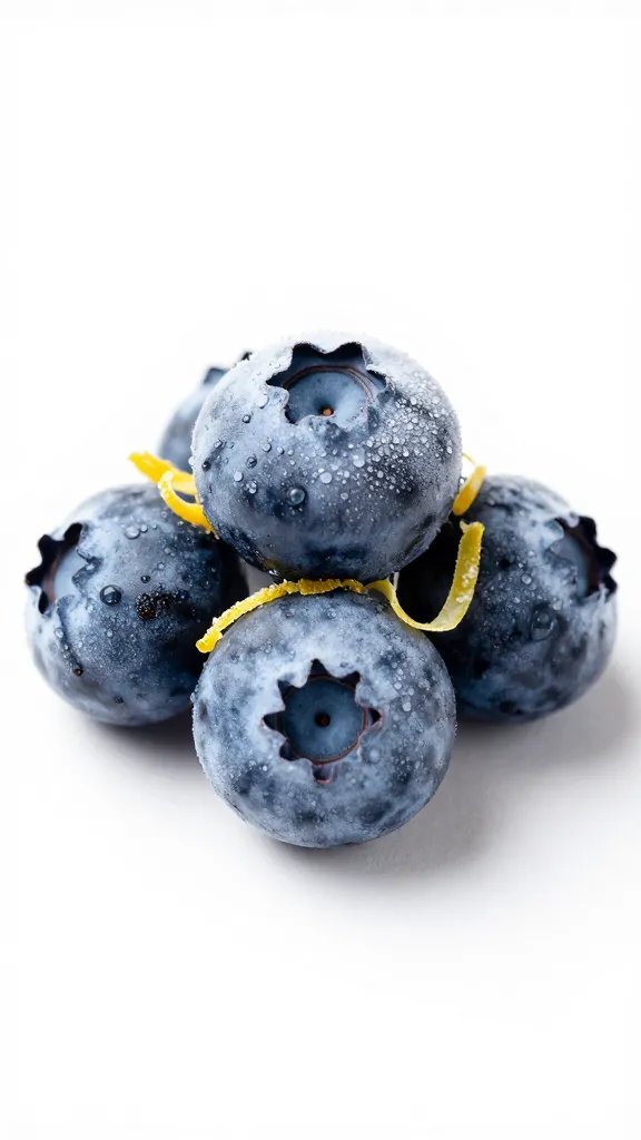 single frozen blueberry cluster with lemon zest curls, macro