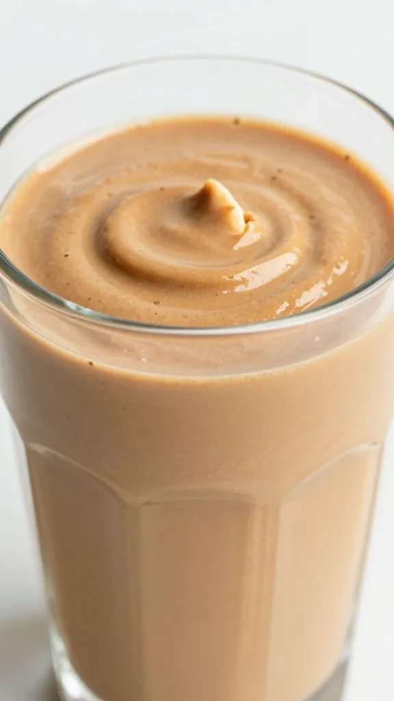 closeup keto peanut butter cup smoothie in clear glass