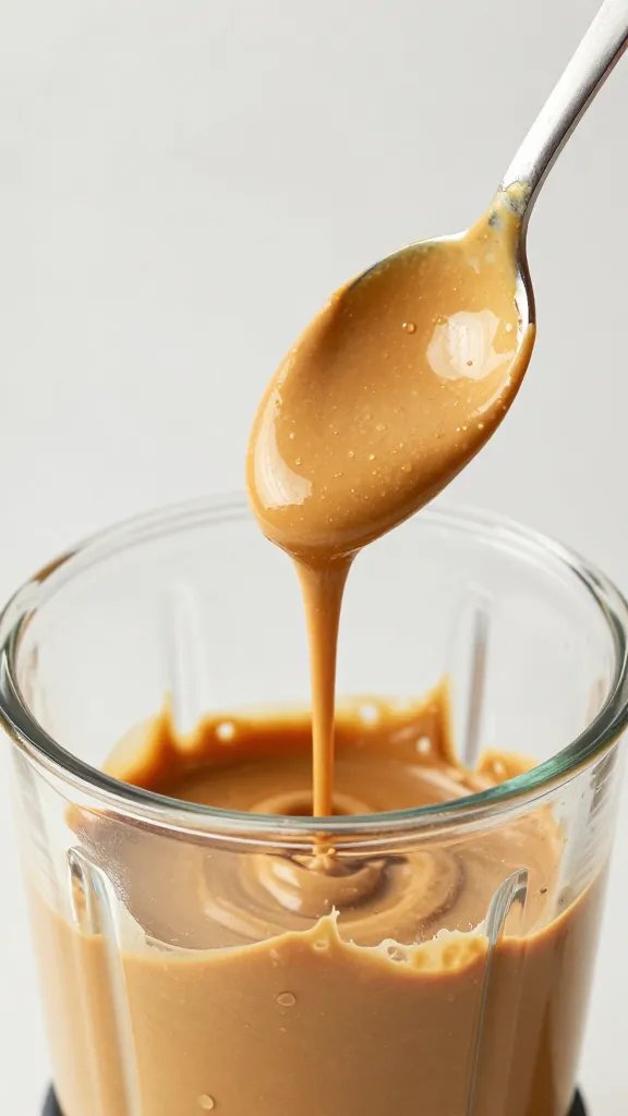natural peanut butter spoonful, drizzling into blender jar