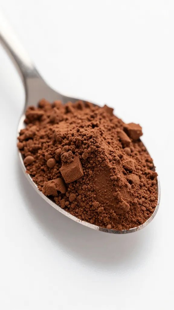 unsweetened cocoa powder mound on stainless teaspoon, macro shot