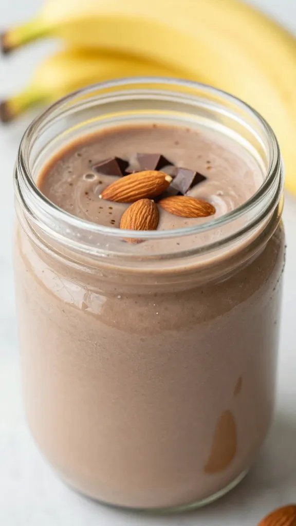 closeup keto chocolate banana almond smoothie in glass jar