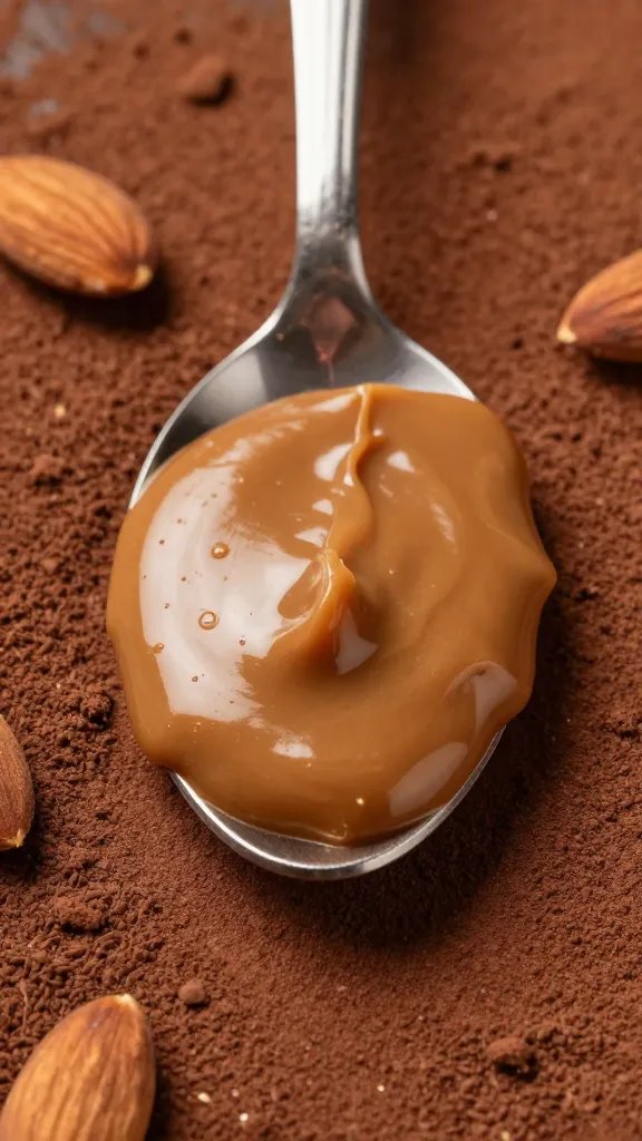 spoonful of glossy almond butter over cocoa-dusted surface