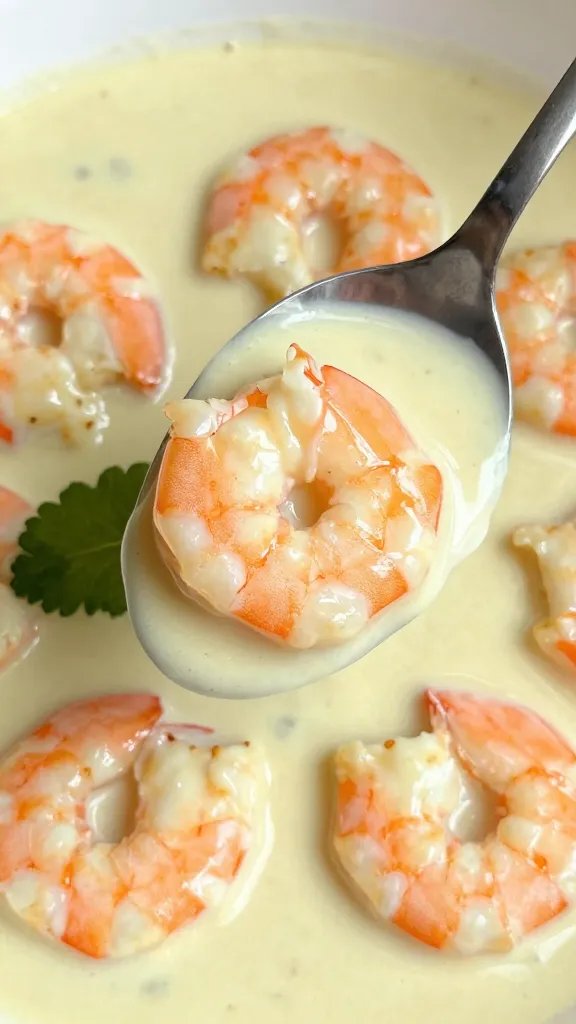 Spoonful of coconut curry shrimp, glossy coconut milk sauce