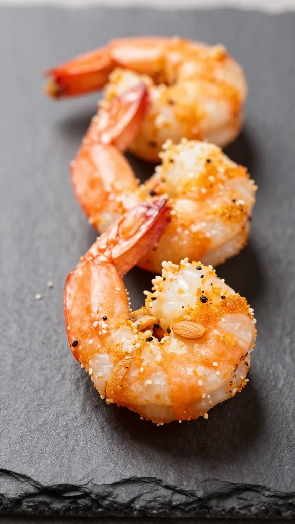 almond-parmesan crusted buffalo shrimp bite on slate backdrop