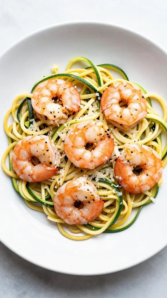 single plate of shrimp scampi over zucchini noodles, parmesan sprinkle
