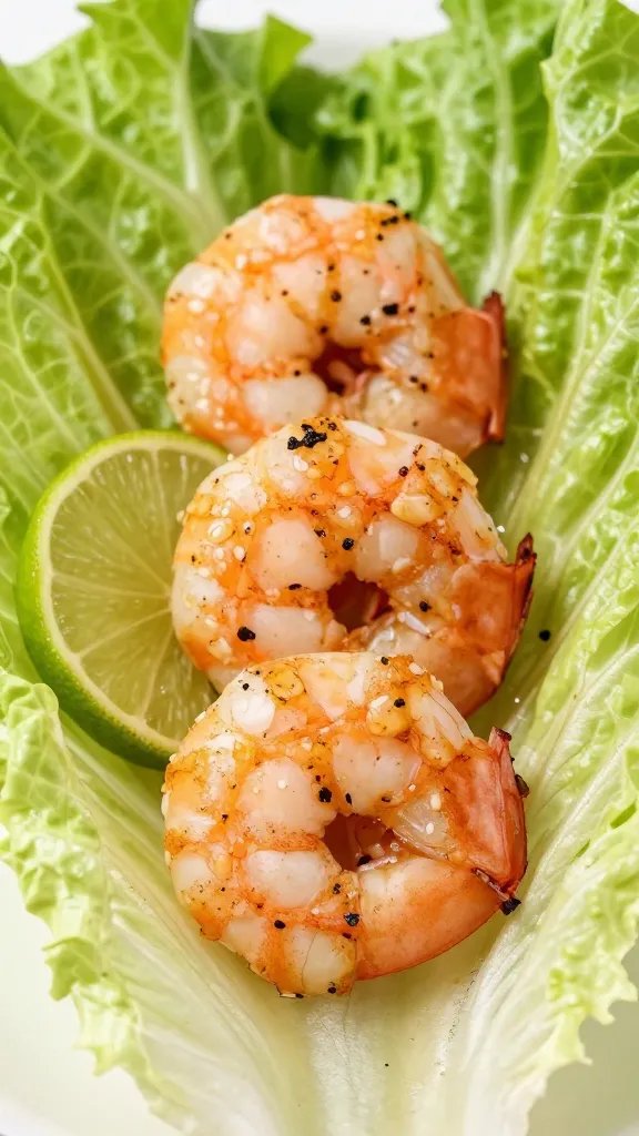 closeup garlic-lime grilled shrimp in lettuce wrap