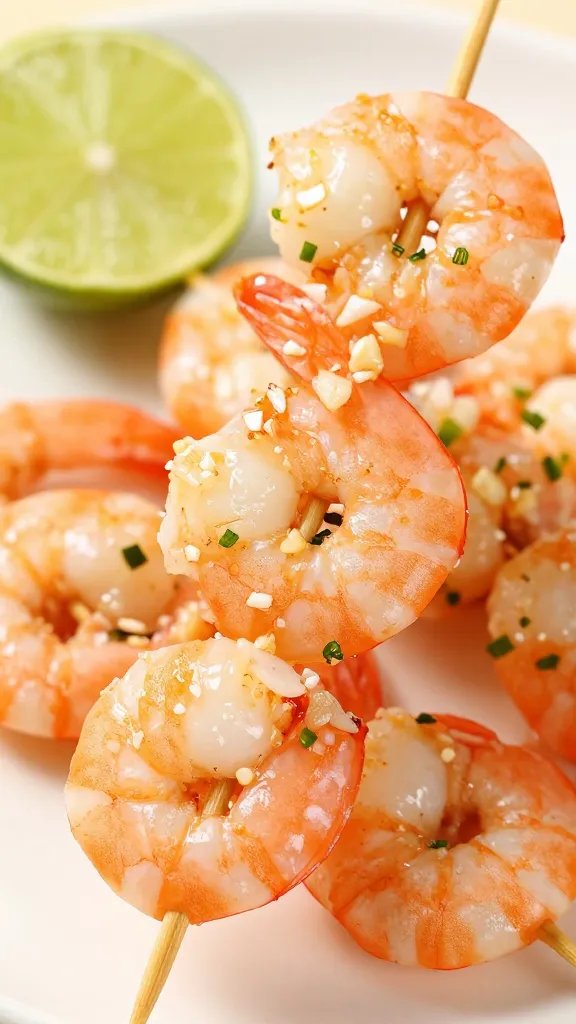 macro shot of zesty garlic-lime marinated shrimp skewer