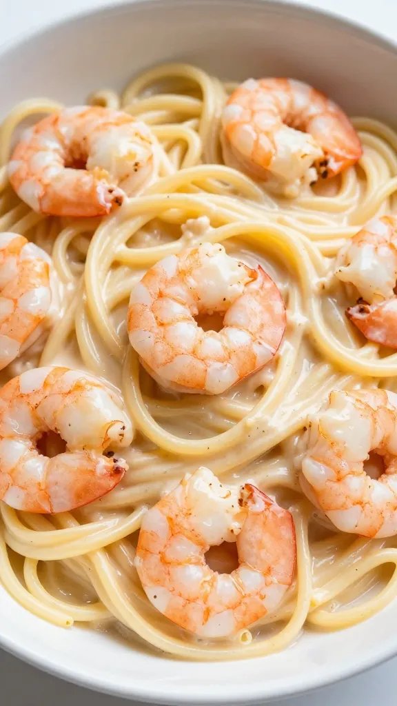 closeup bowl of shrimp alfredo zoodles, creamy sauce sheen