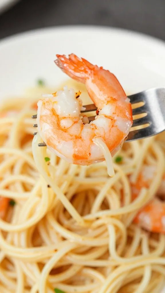 single sautéed shrimp on fork over alfredo-coated zoodle strand