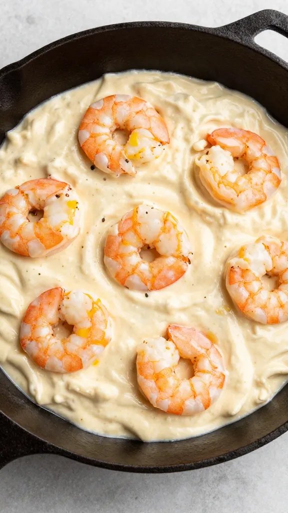 cast-iron skillet with creamy keto alfredo shrimp, tight crop