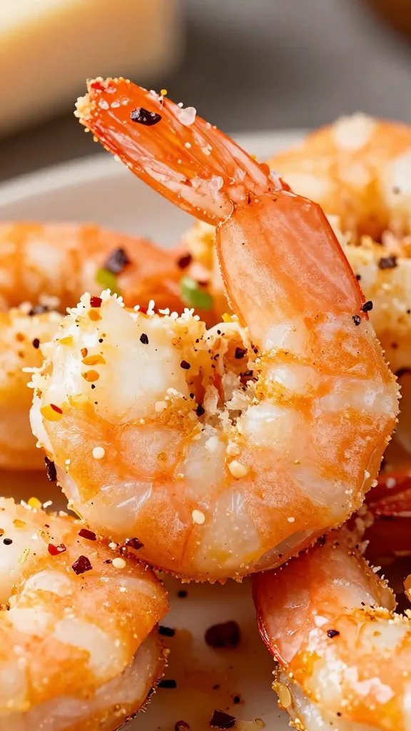 macro shot of parmesan-crusted shrimp with red pepper flakes