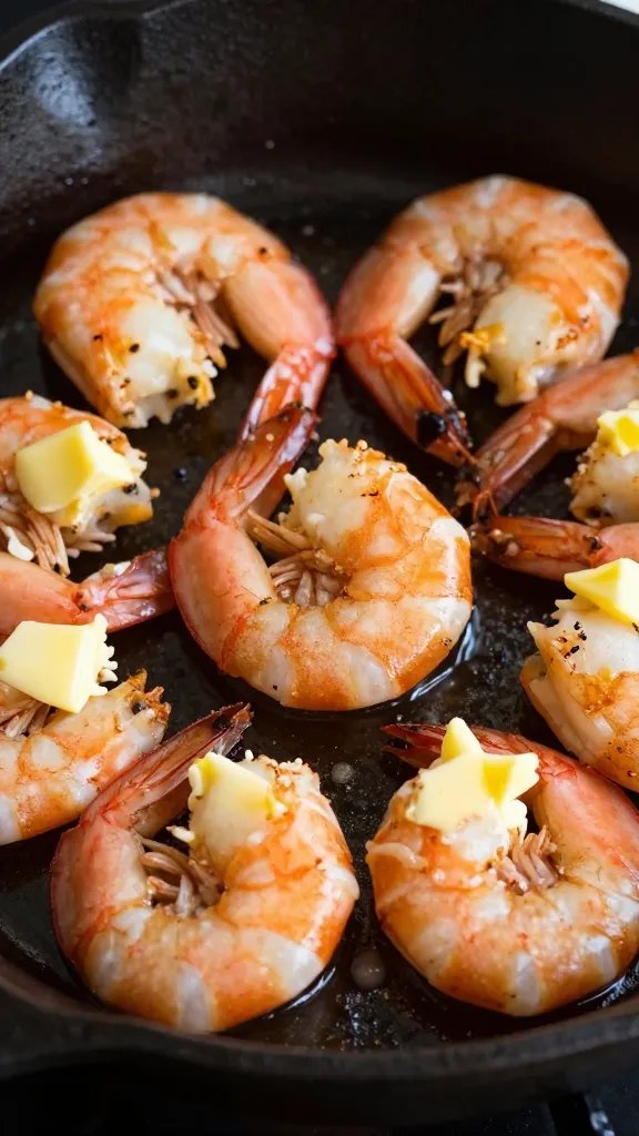 closeup Cajun-seared shrimp in butter on cast-iron skillet