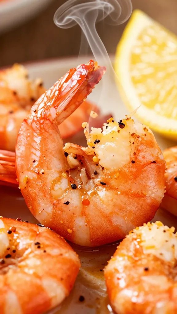 macro shot of spicy Cajun shrimp with lemon wedge steam