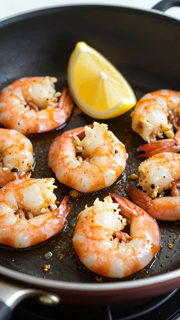 closeup skillet of garlic butter shrimp with lemon wedge