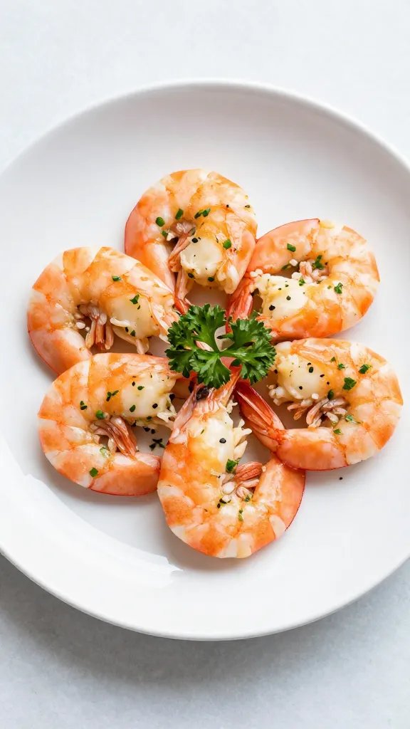 single plate of keto garlic butter shrimp, parsley garnish