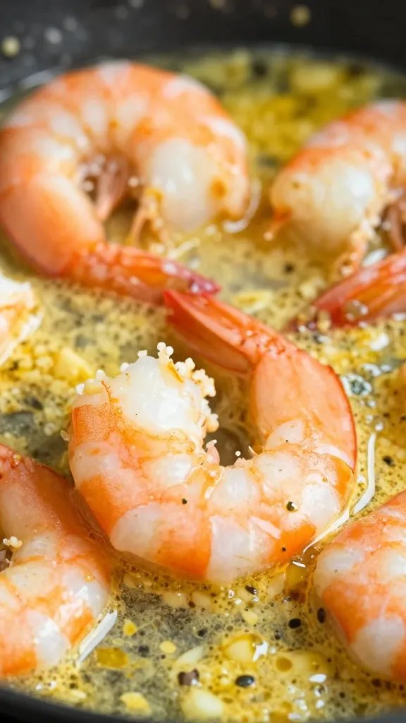 macro shot of shrimp sizzling in garlicky butter sauce
