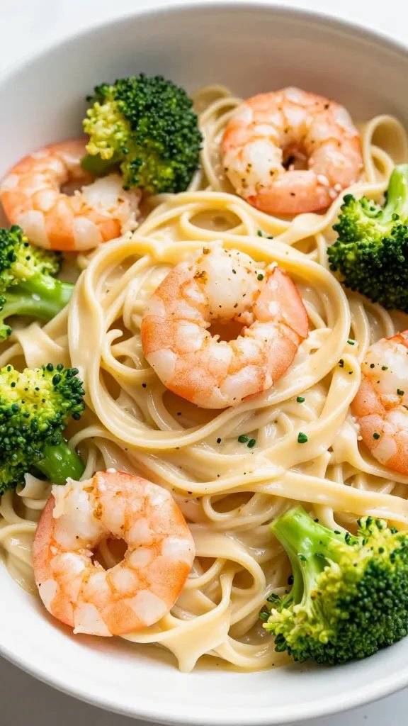 Closeup bowl of keto shrimp Alfredo with broccoli florets