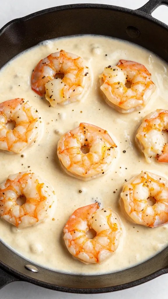 Skillet shot of buttery garlic shrimp in creamy Alfredo sauce