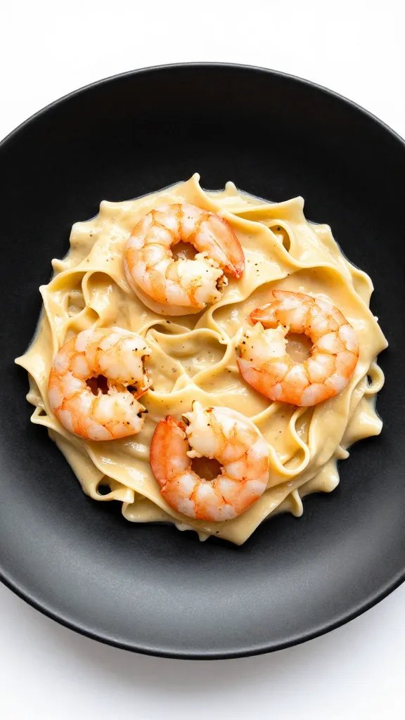 Single plated keto shrimp Alfredo on matte black plate