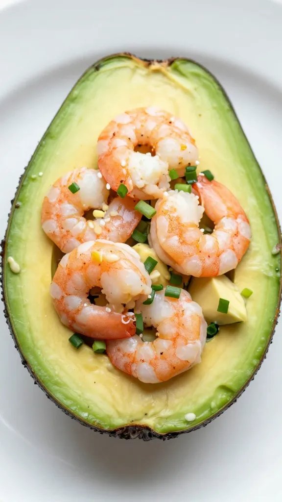 closeup halved avocado stuffed with shrimp salad, white plate