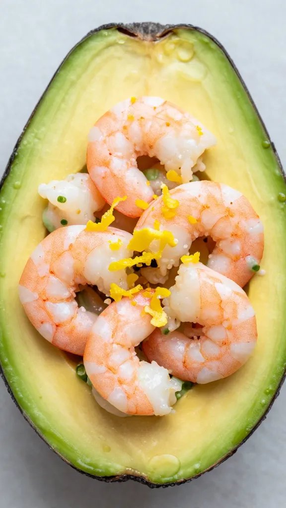shrimp salad in avocado shell, lemon zest, overhead closeup