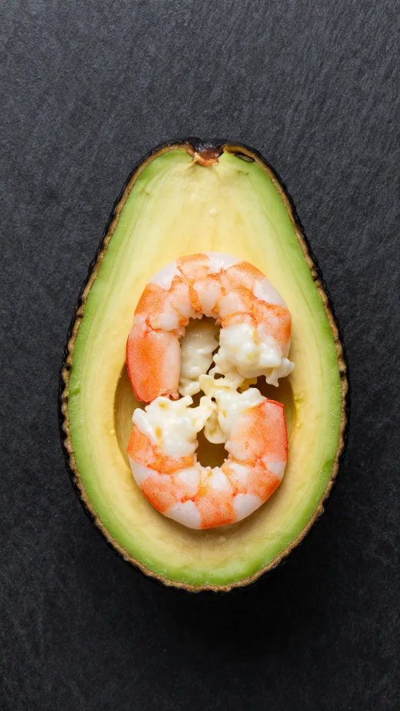 single avocado boat with creamy shrimp, black slate background