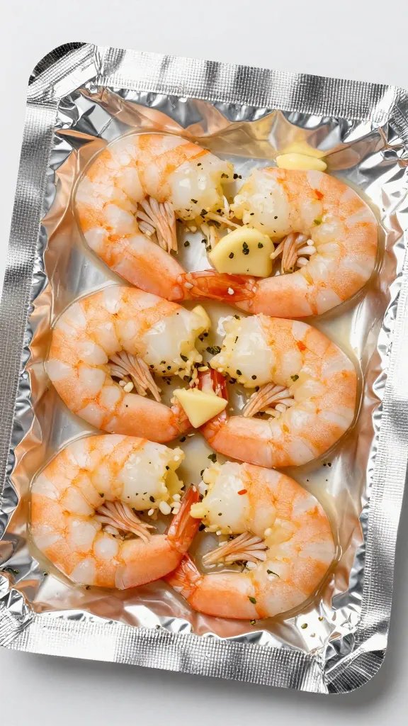 closeup shrimp foil packet with garlic butter and herbs