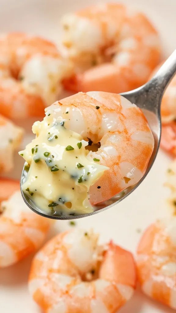 closeup spoonful of garlicky herb butter over shrimp