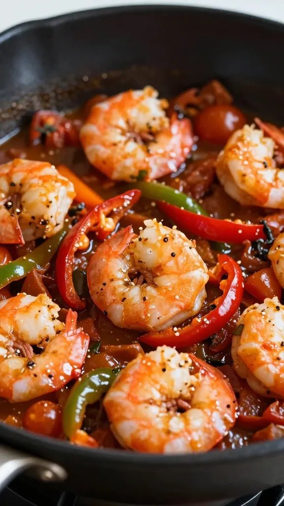 skillet shrimp cacciatore closeup with tomatoes and peppers