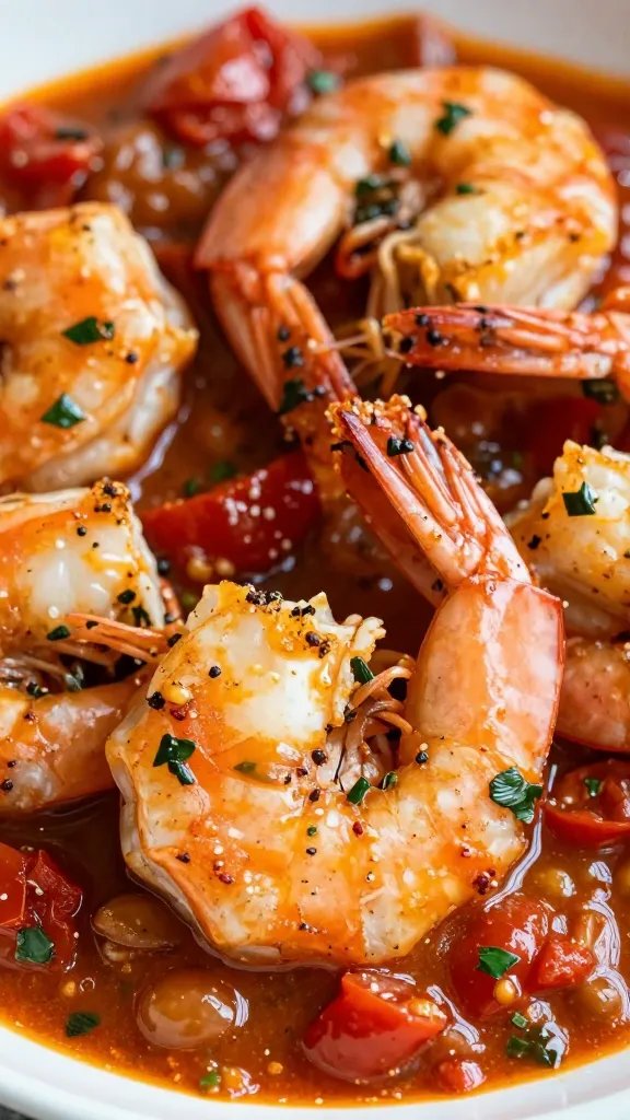 closeup seared shrimp in herby tomato cacciatore sauce