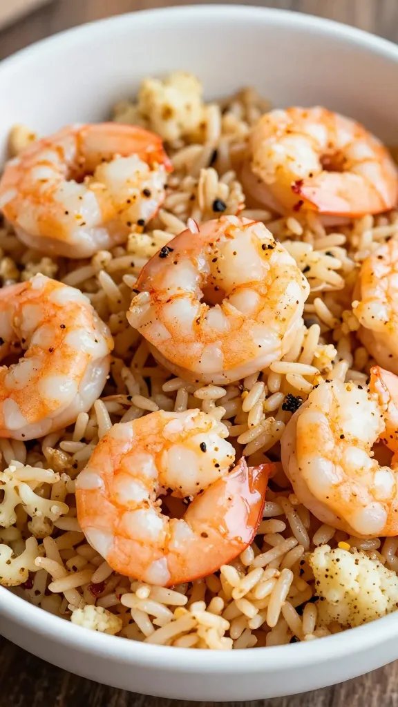closeup bowl of Cajun keto shrimp over cauliflower rice