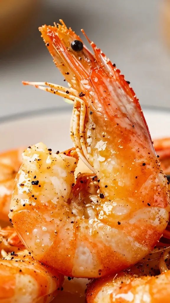 single seared shrimp coated in Cajun seasoning, macro shot