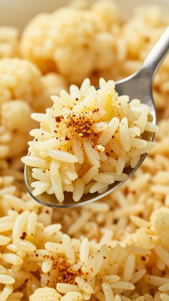 spoonful of buttery cauliflower rice with Cajun spices, closeup