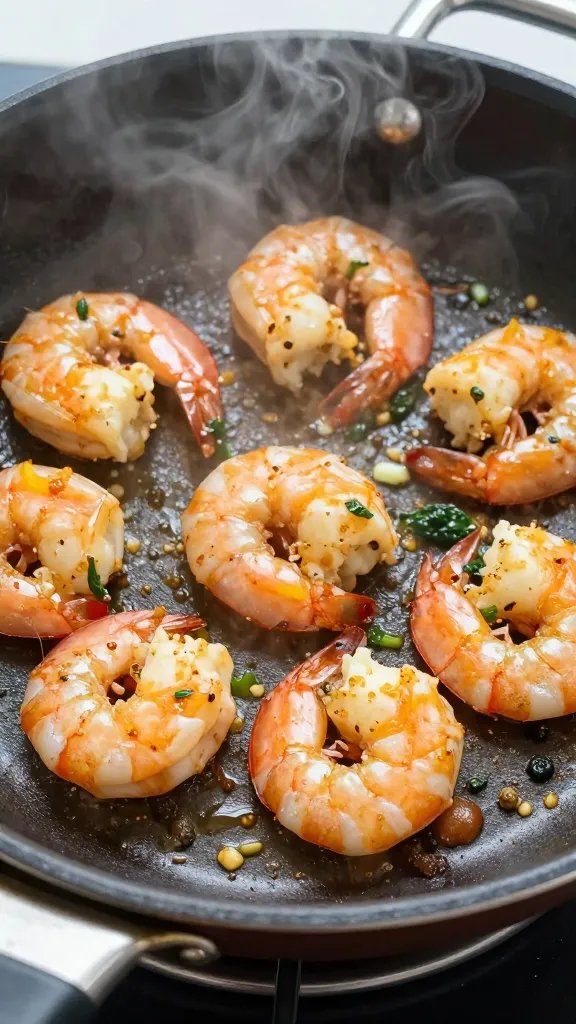single skillet of buttery shrimp and low-carb veggies, steaming