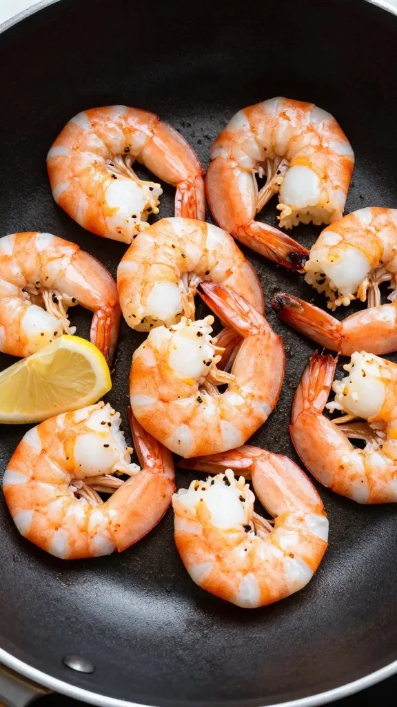 closeup skillet of keto lemon butter shrimp, overhead