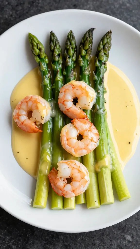single plate of shrimp and asparagus with lemon butter glaze